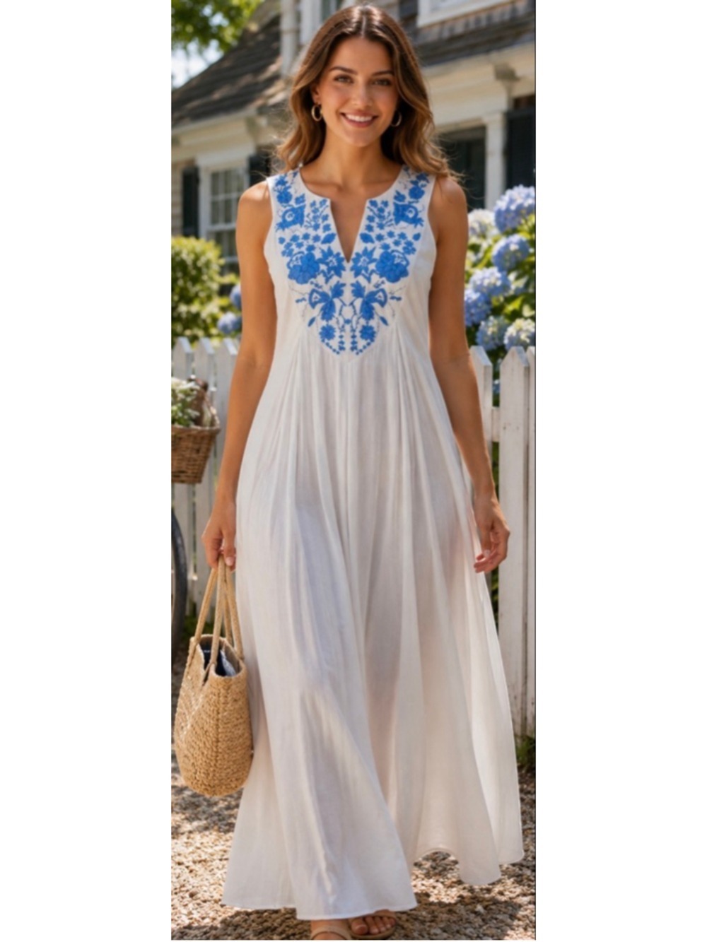 Women's Tuckernuck White & Blue Embroidered Cyrus Maxi Dress L